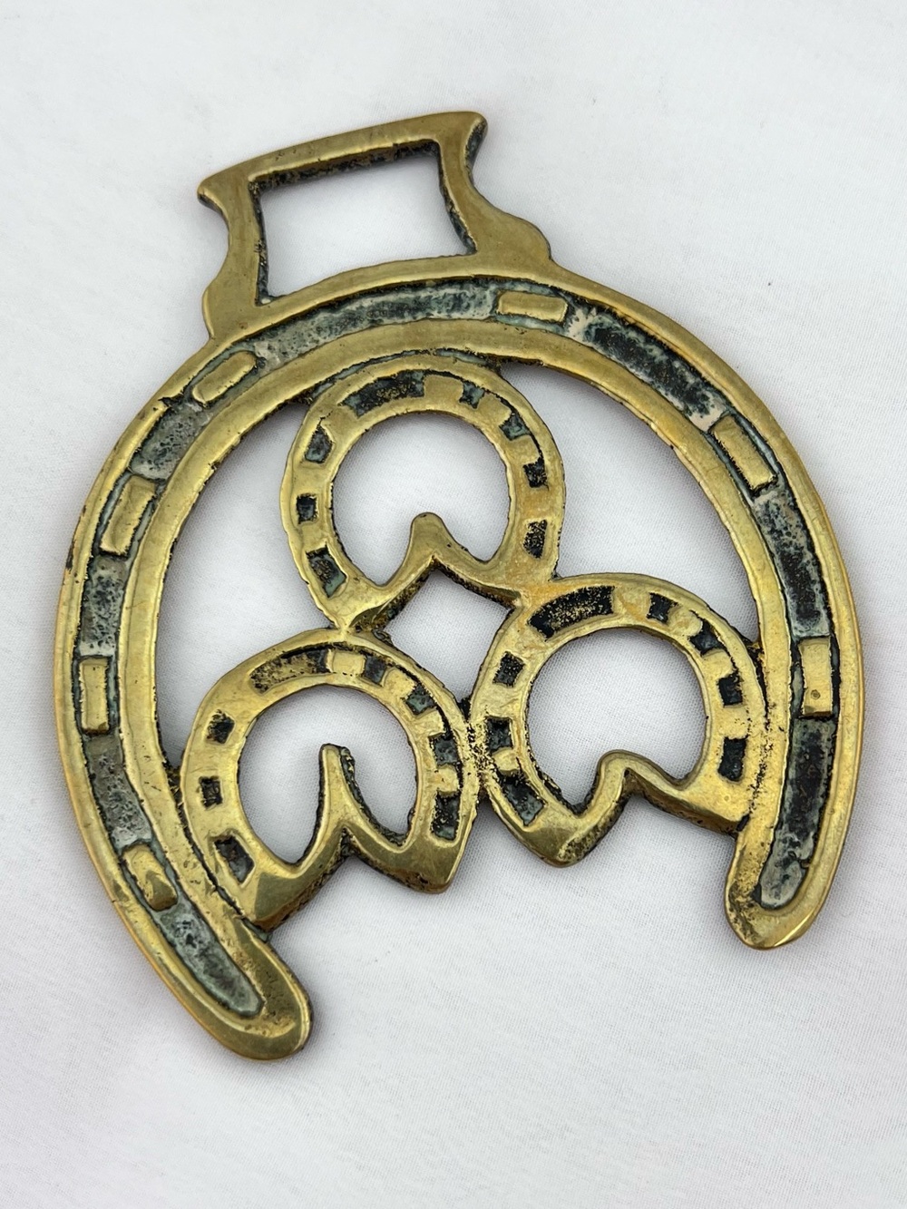 Brass Horse Medallion Vintage English Horseshoe Good Luck Frog Hoof Harness